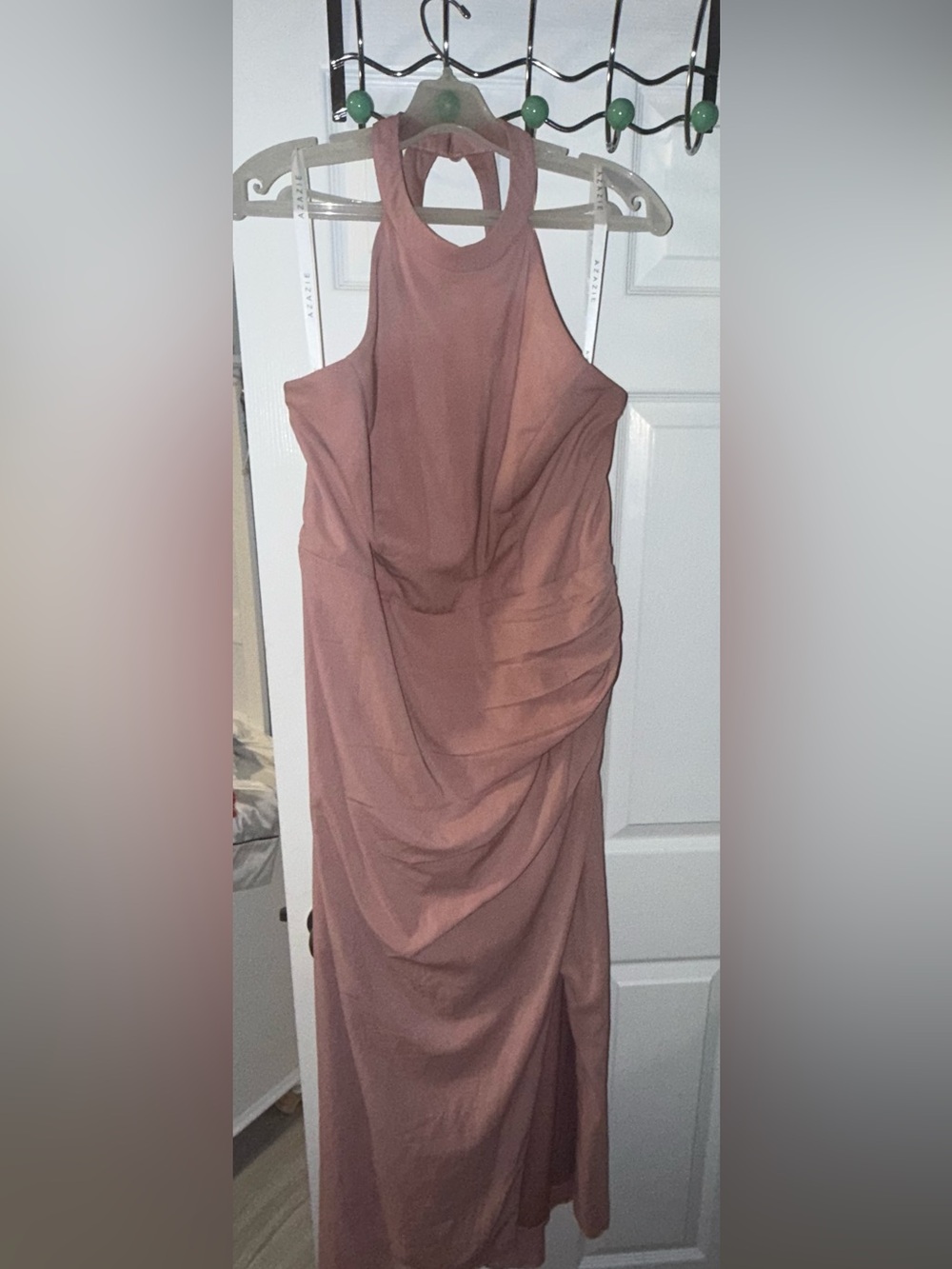 Azazie Strapless Mauve Ruched Halter Gown